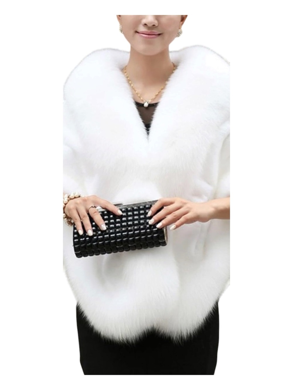 Caracilia Elegant White Faux Fur Shawl Coat - Women's  Evening Wrap Sz OS